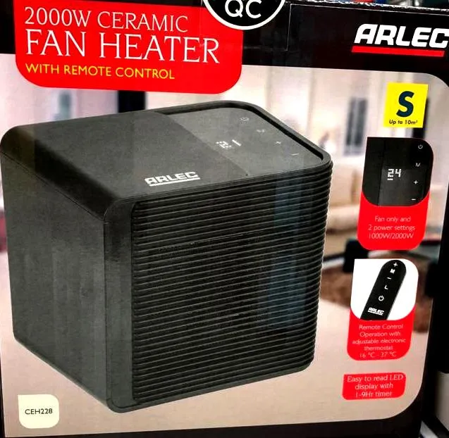 Arlec 2000W Black Ceramic Fan Heater with Remote Control