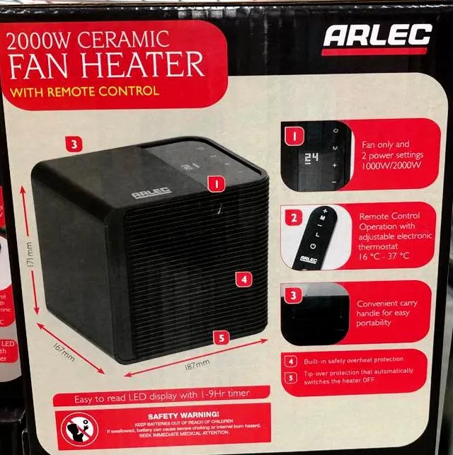 Arlec 2000W Black Ceramic Fan Heater with Remote Control